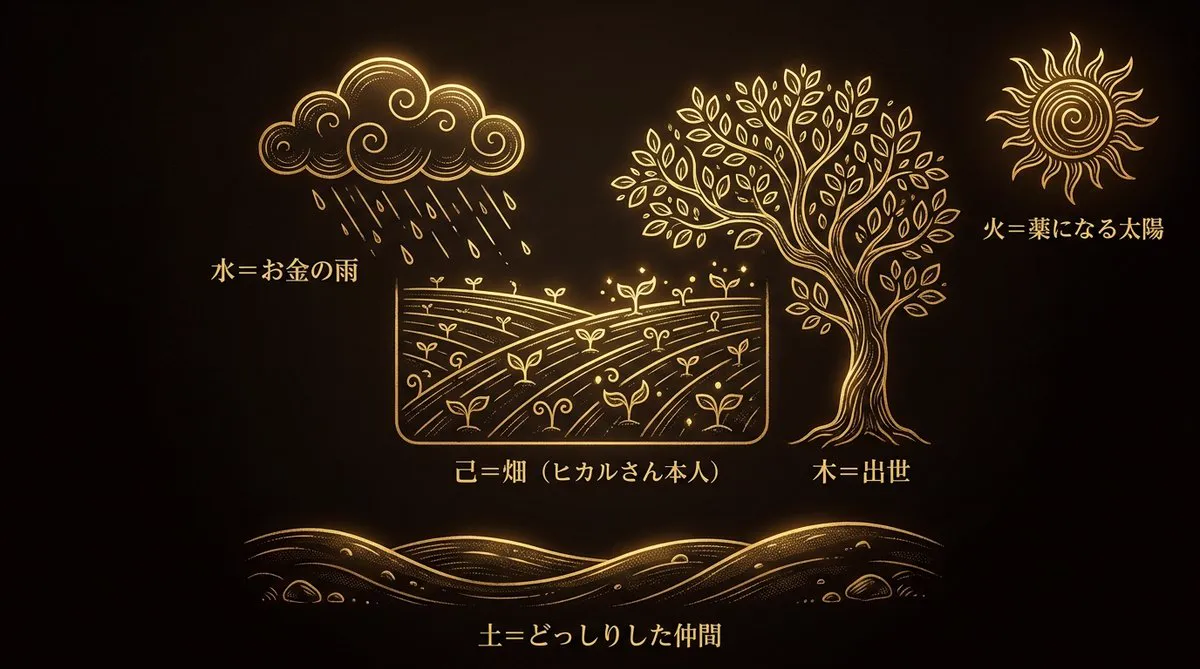 ヒカルさんの命盤のイメージ図。己=畑(本人)、水=お金の雨、木=出世、火=薬になる太陽、土=どっしりした仲間