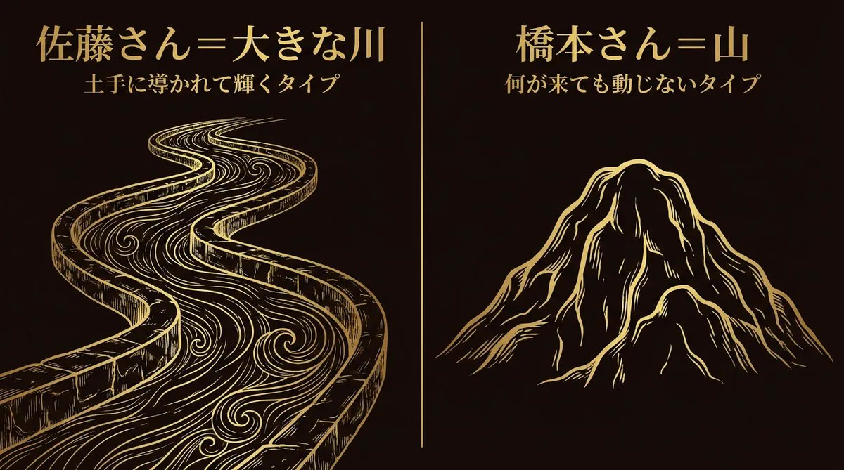 佐藤さん=大きな川(土手に導かれて輝くタイプ)、橋本さん=山(何が来ても動じないタイプ)の図解