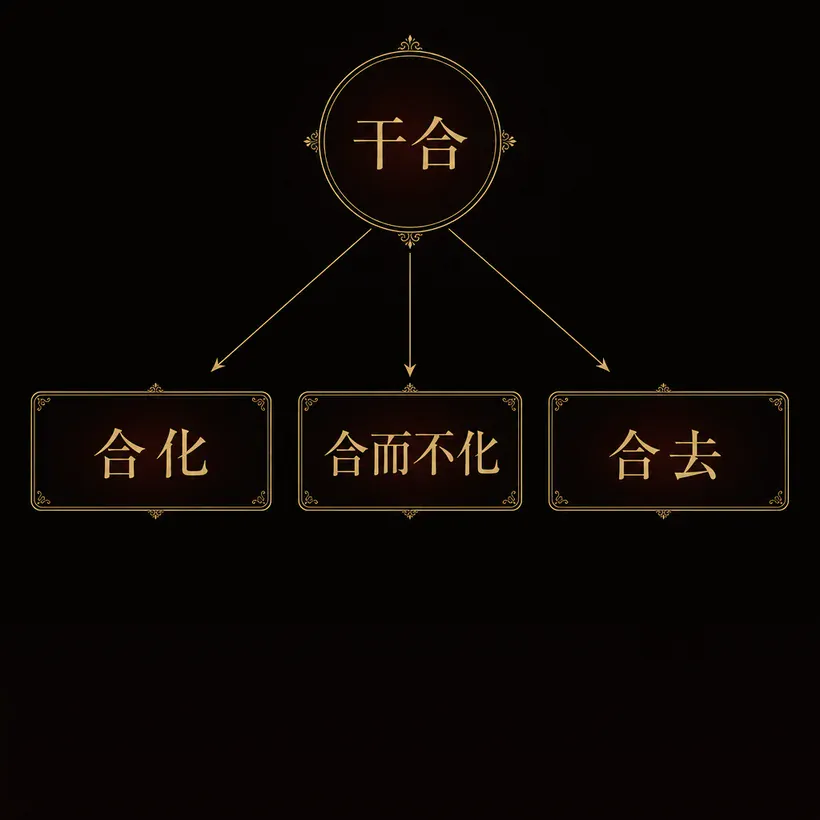 干合の3つの結果。合化（化す）・合而不化（結ぶが化さない）・合去（役目を失う）に分かれる図。