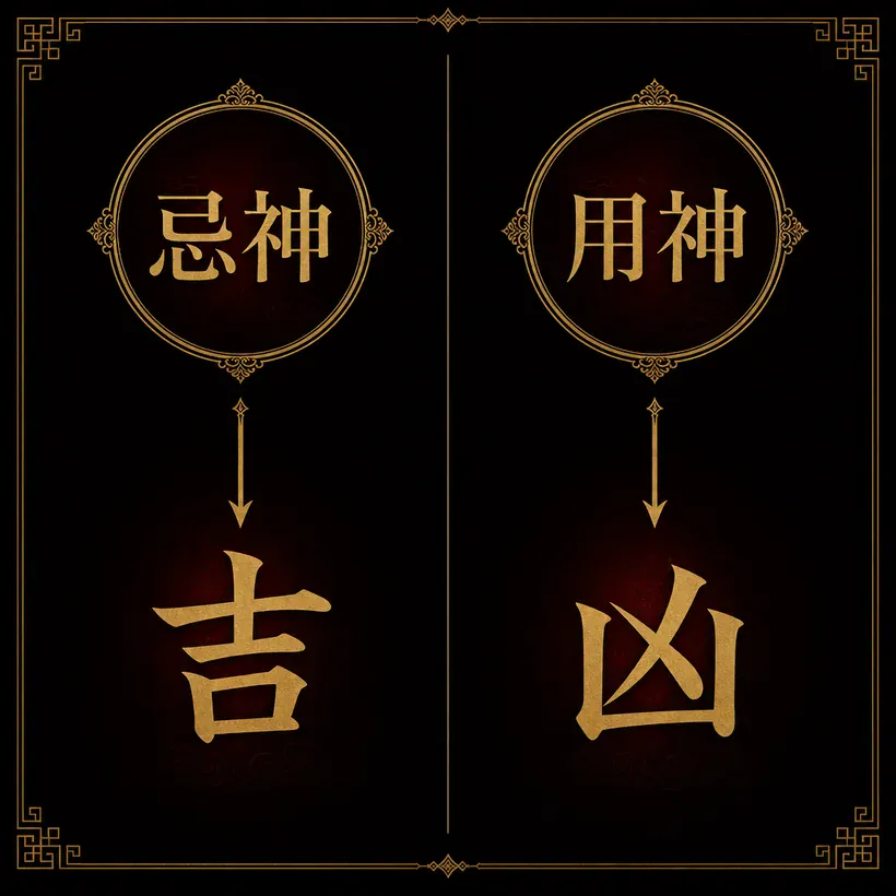 合去の吉凶。忌神が合去されれば吉、用神が合去されれば凶。