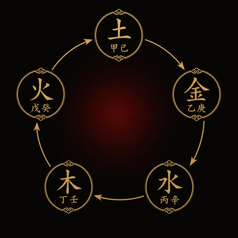 化神の相生サイクル図。土（甲己）→金（乙庚）→水（丙辛）→木（丁壬）→火（戊癸）→土と相生の順に並ぶ。