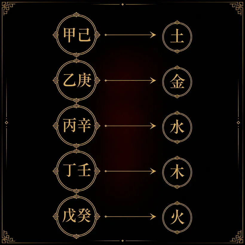 干合の5組と化神。甲己→土、乙庚→金、丙辛→水、丁壬→木、戊癸→火。