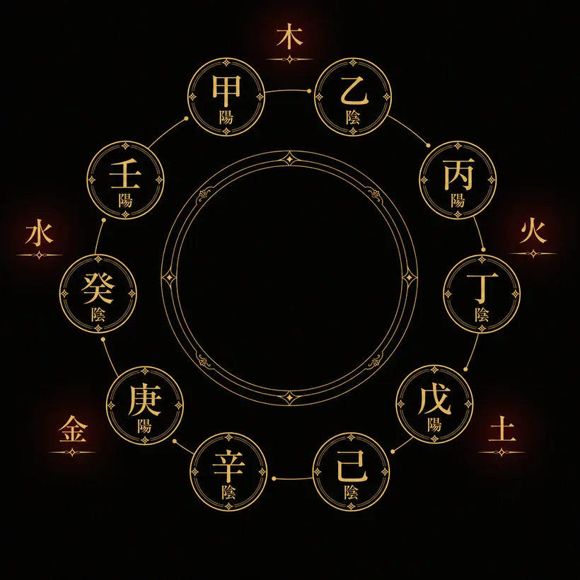 十干の五行・陰陽一覧。甲乙＝木、丙丁＝火、戊己＝土、庚辛＝金、壬癸＝水。甲丙戊庚壬が陽、乙丁己辛癸が陰。