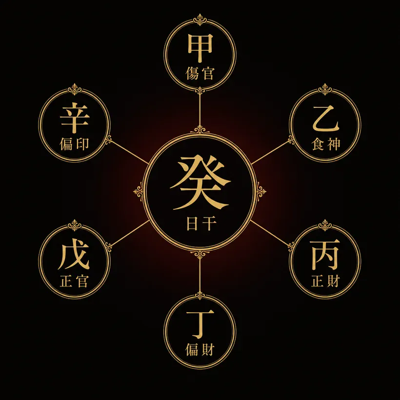 日干が癸のときの通変星ホイール。甲＝傷官、乙＝食神、丙＝正財、丁＝偏財、戊＝正官、辛＝偏印。